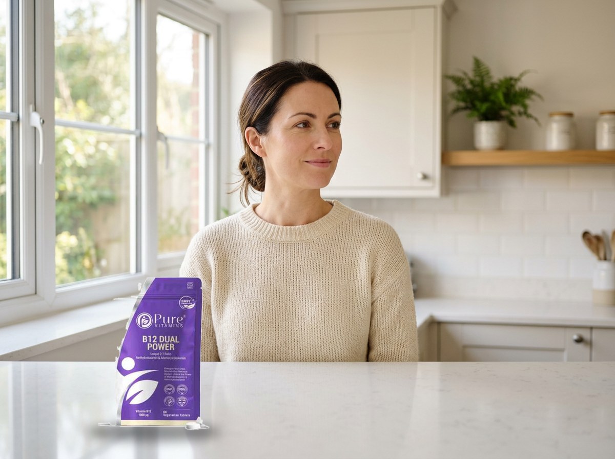 Calm woman in a bright UK kitchen with a Pure Vitamins B12 pouch on the worktop