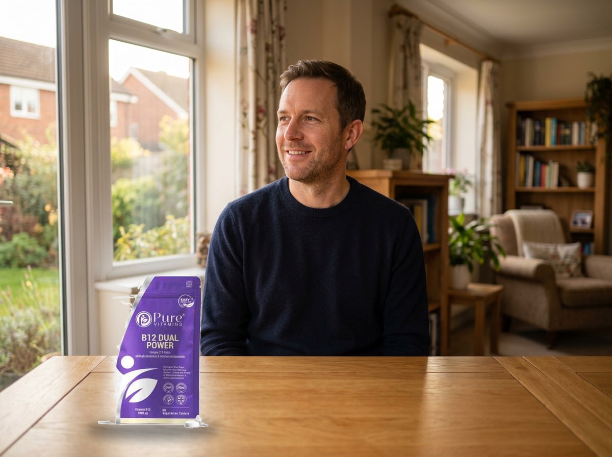 Man in a navy jumper at a dining table with a Pure Vitamins B12 pouch in front of him