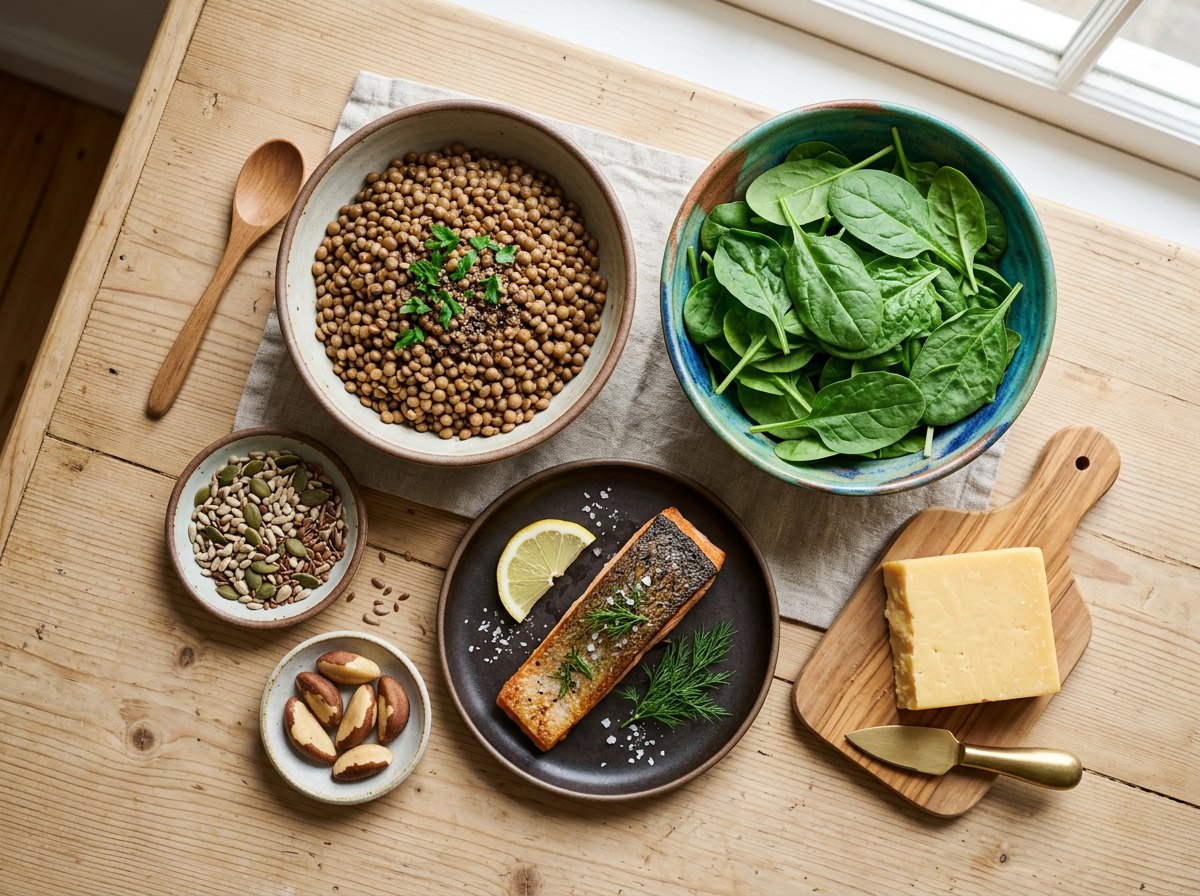 Lentils, spinach, salmon, cheddar, seeds and Brazil nuts, iron- and nutrient-rich foods for a smaller plate