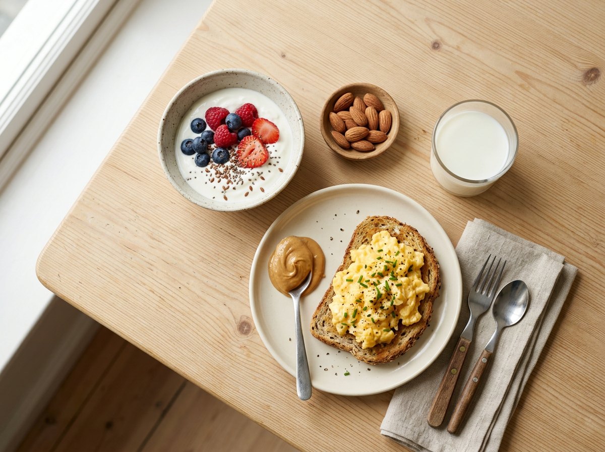 Small nutrient-dense breakfast plate with scrambled eggs on toast, Greek yoghurt, almonds and milk
